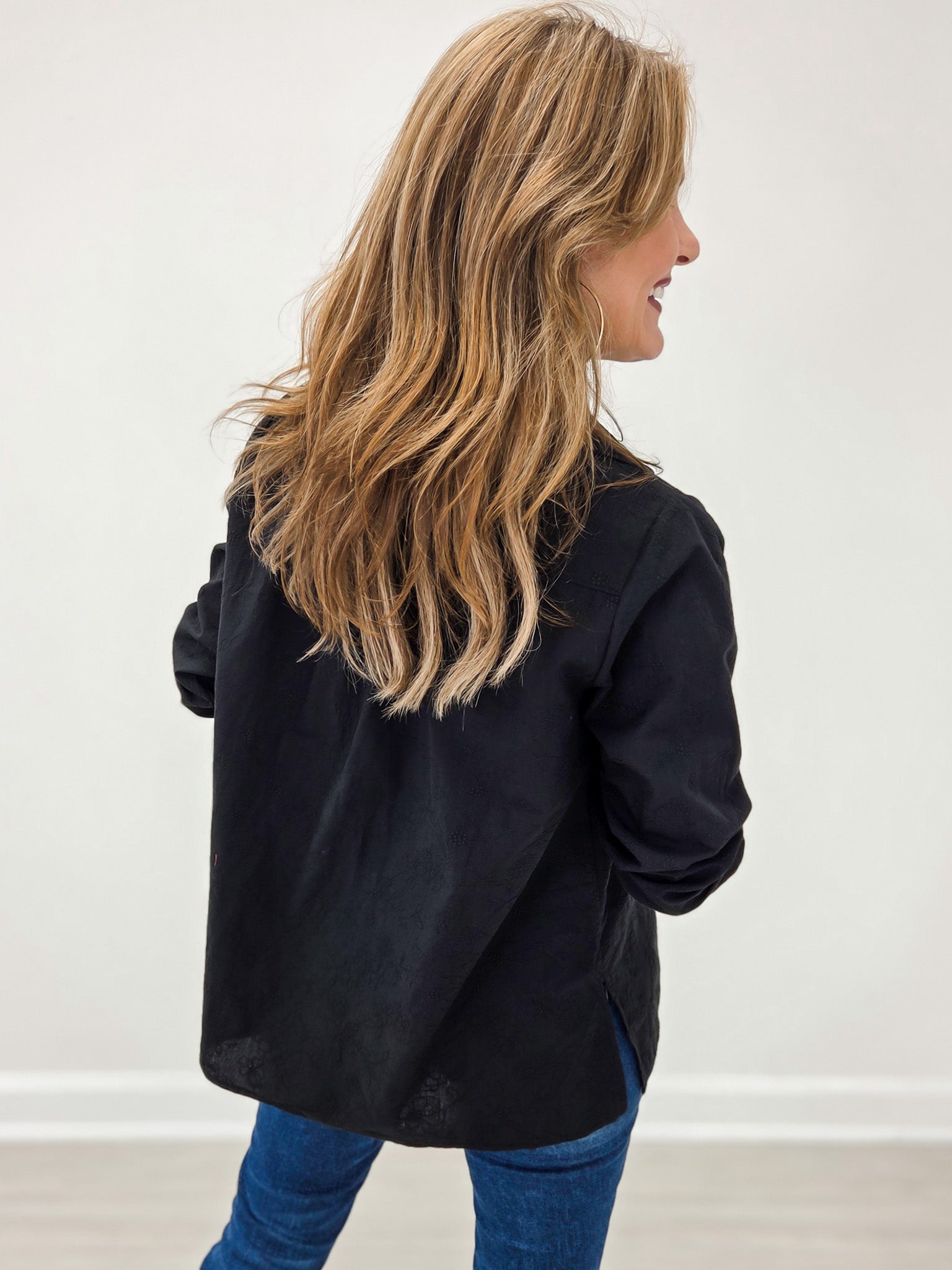 Long Sleeve Collared Button Down Top in Black