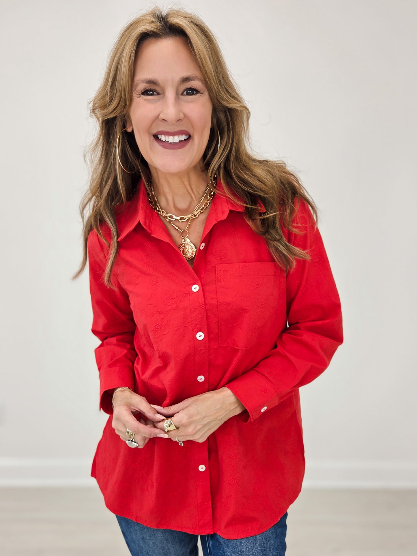 Long Sleeve Collared Button Down Top in Red