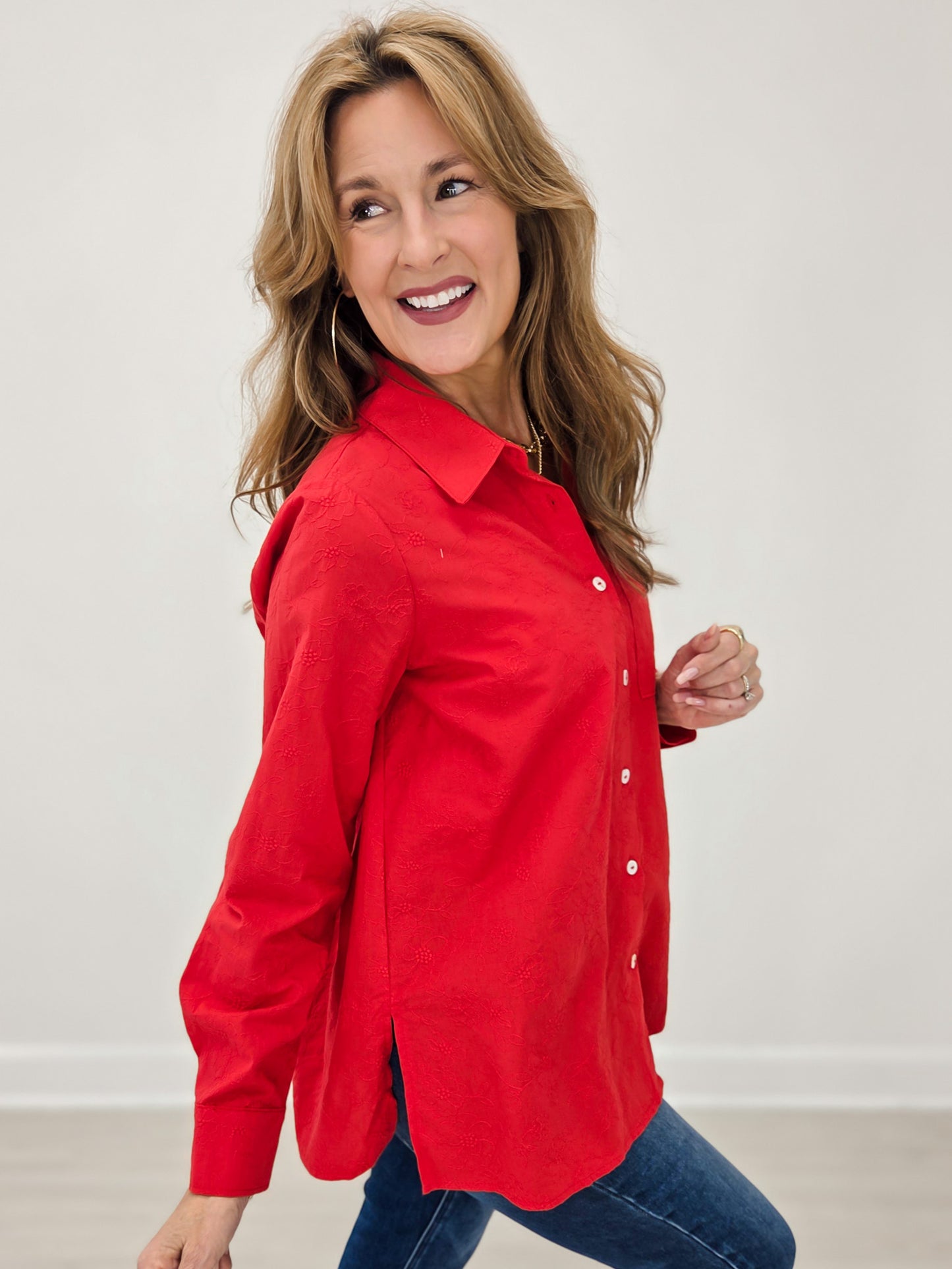 Long Sleeve Collared Button Down Top in Red