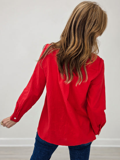 Long Sleeve Collared Button Down Top in Red