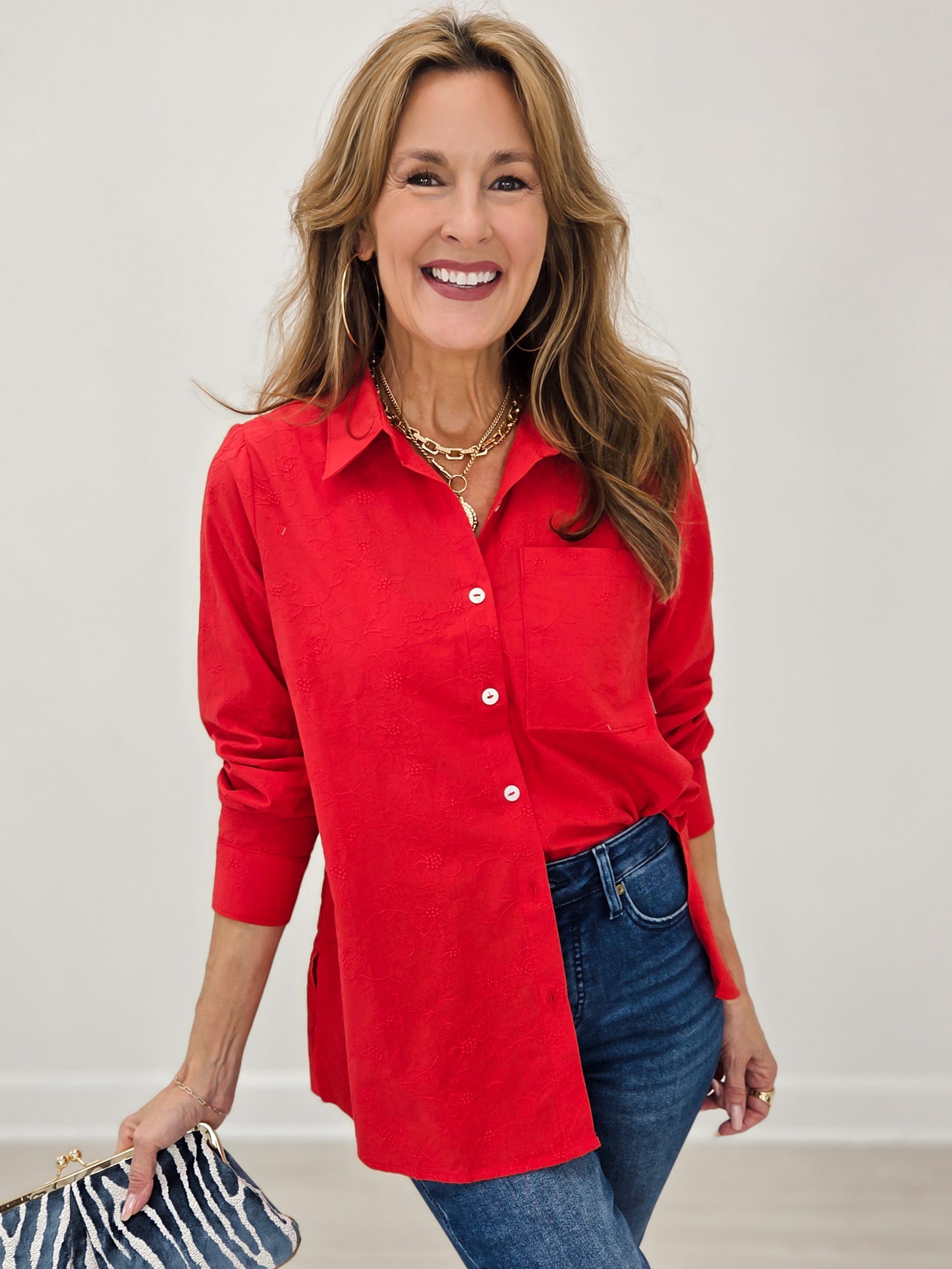 Long Sleeve Collared Button Down Top in Red