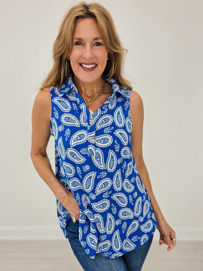 Sleeveless Tank Top With Collar- Royal Blue