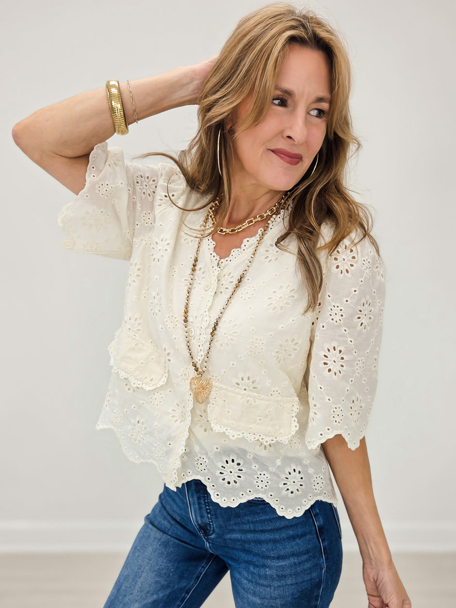 Scallop Edge Eyelet Button Down Boho Blouse