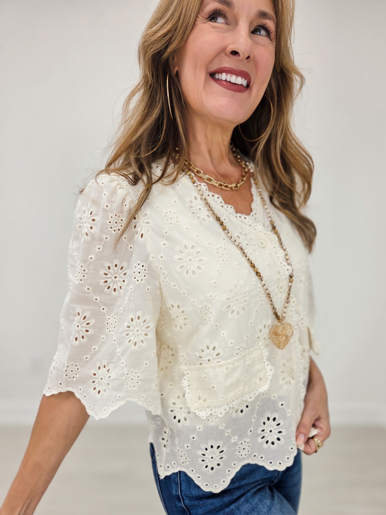 Scallop Edge Eyelet Button Down Boho Blouse