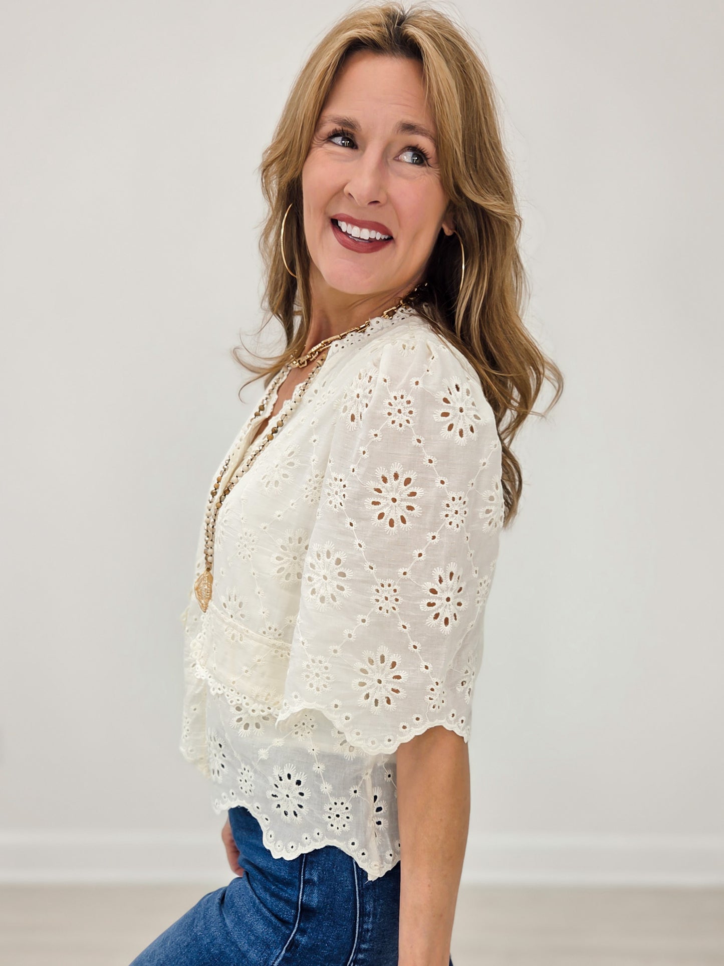 Scallop Edge Eyelet Button Down Boho Blouse