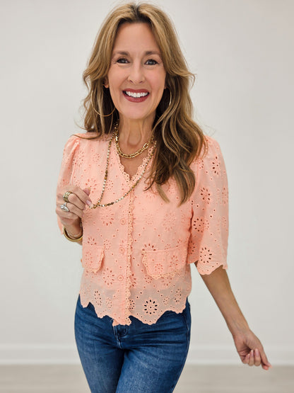 Scallop Edge Eyelet Button Down Boho Blouse