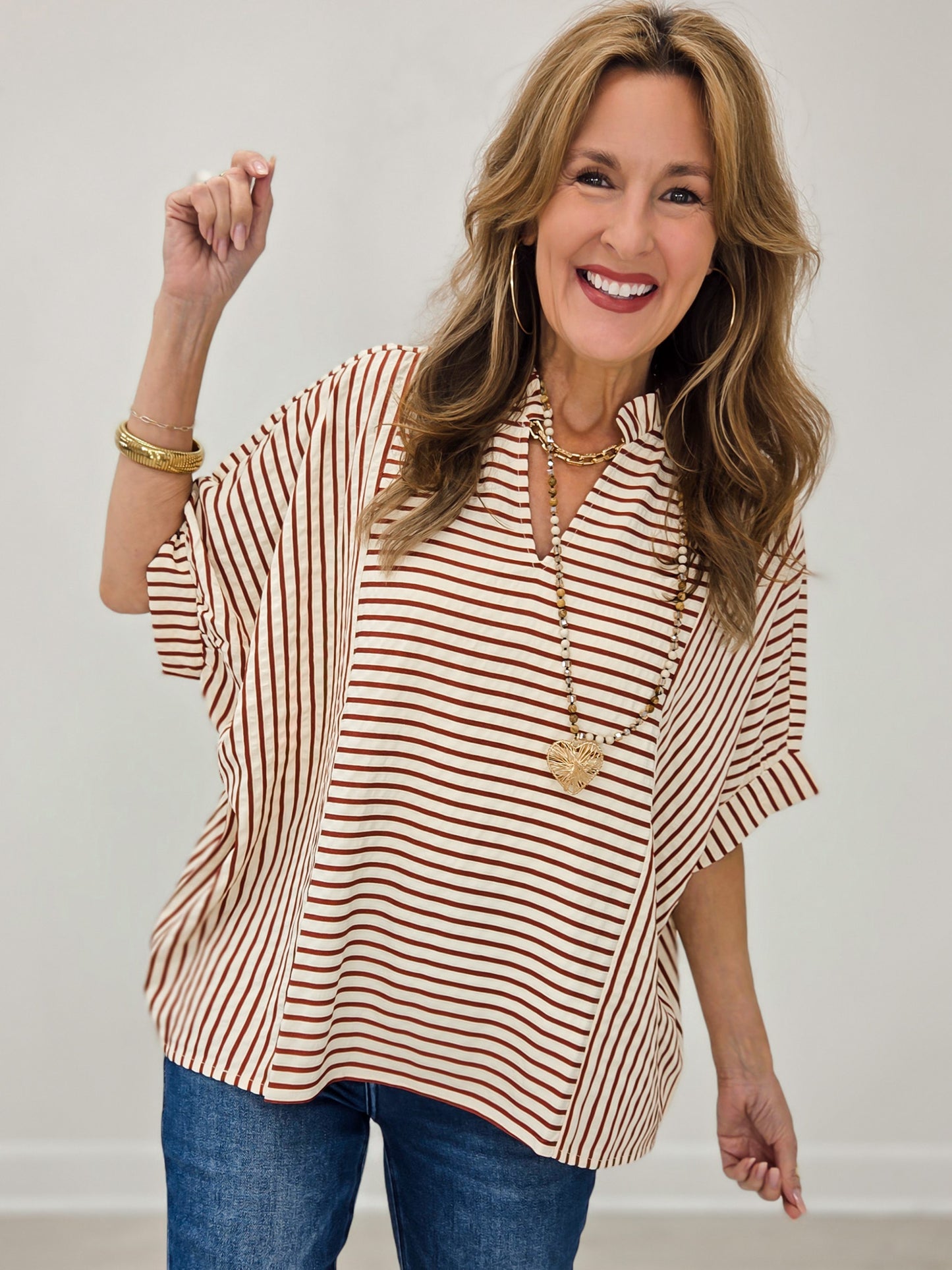 Stripe Ruffle Neck Loose Fit Blouse