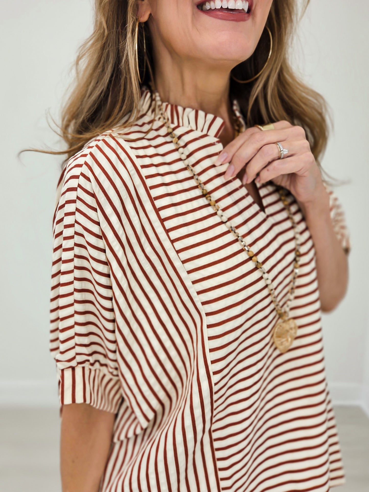 Stripe Ruffle Neck Loose Fit Blouse