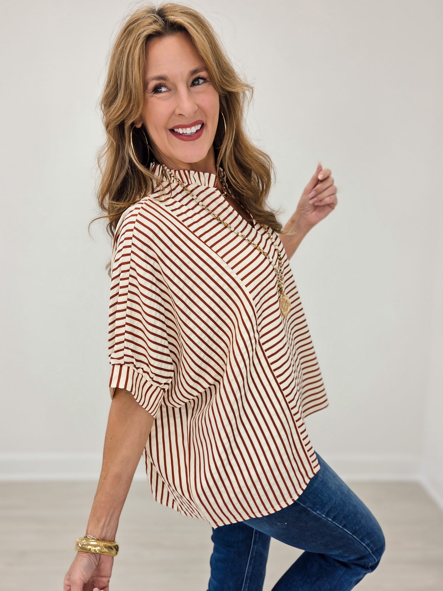 Stripe Ruffle Neck Loose Fit Blouse