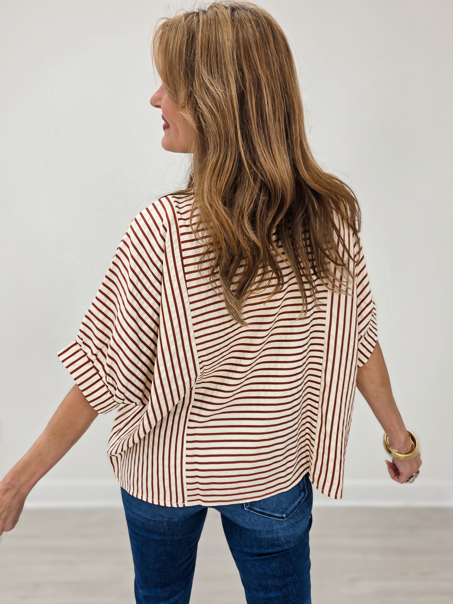 Stripe Ruffle Neck Loose Fit Blouse