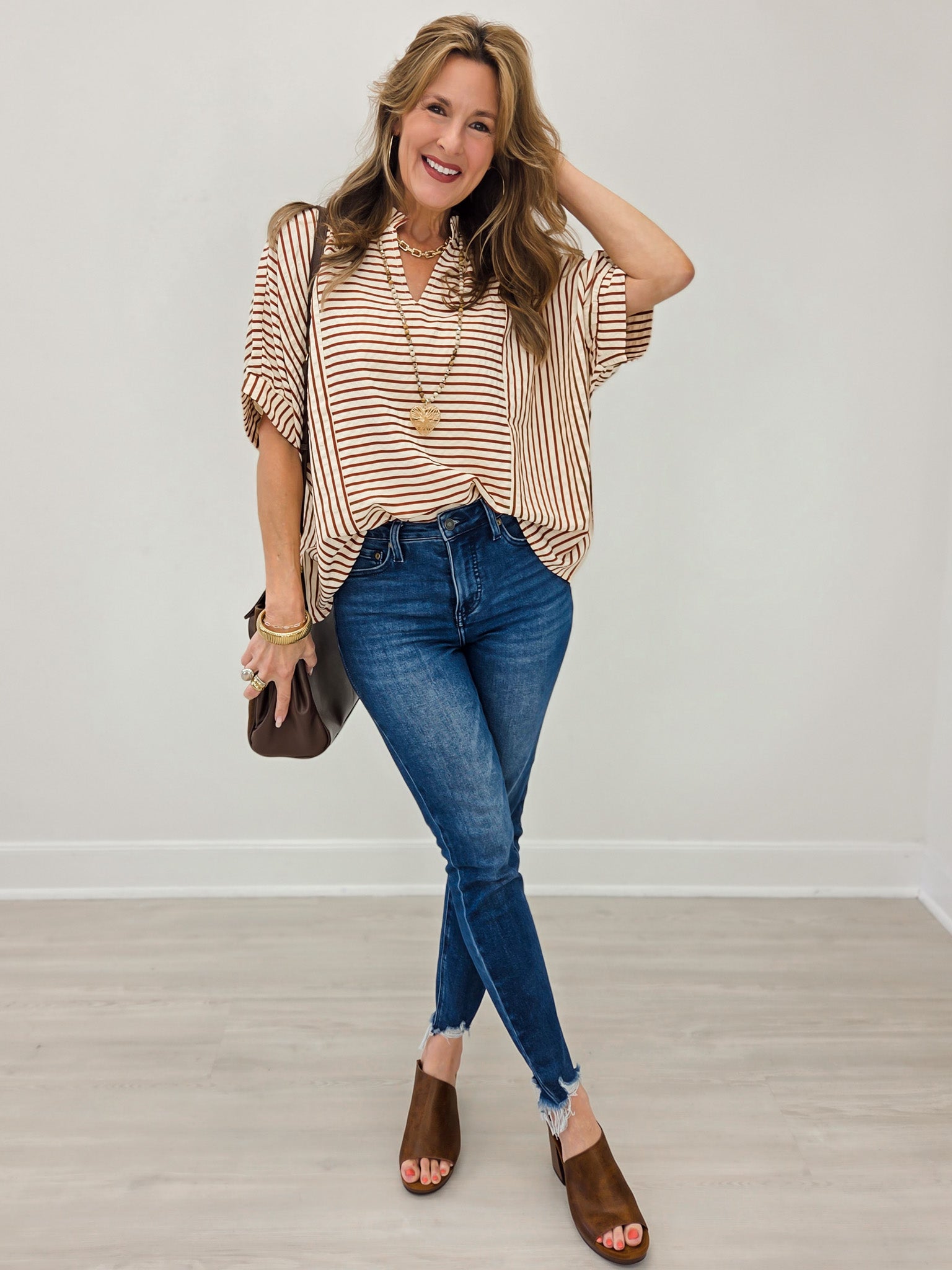 Stripe Ruffle Neck Loose Fit Blouse