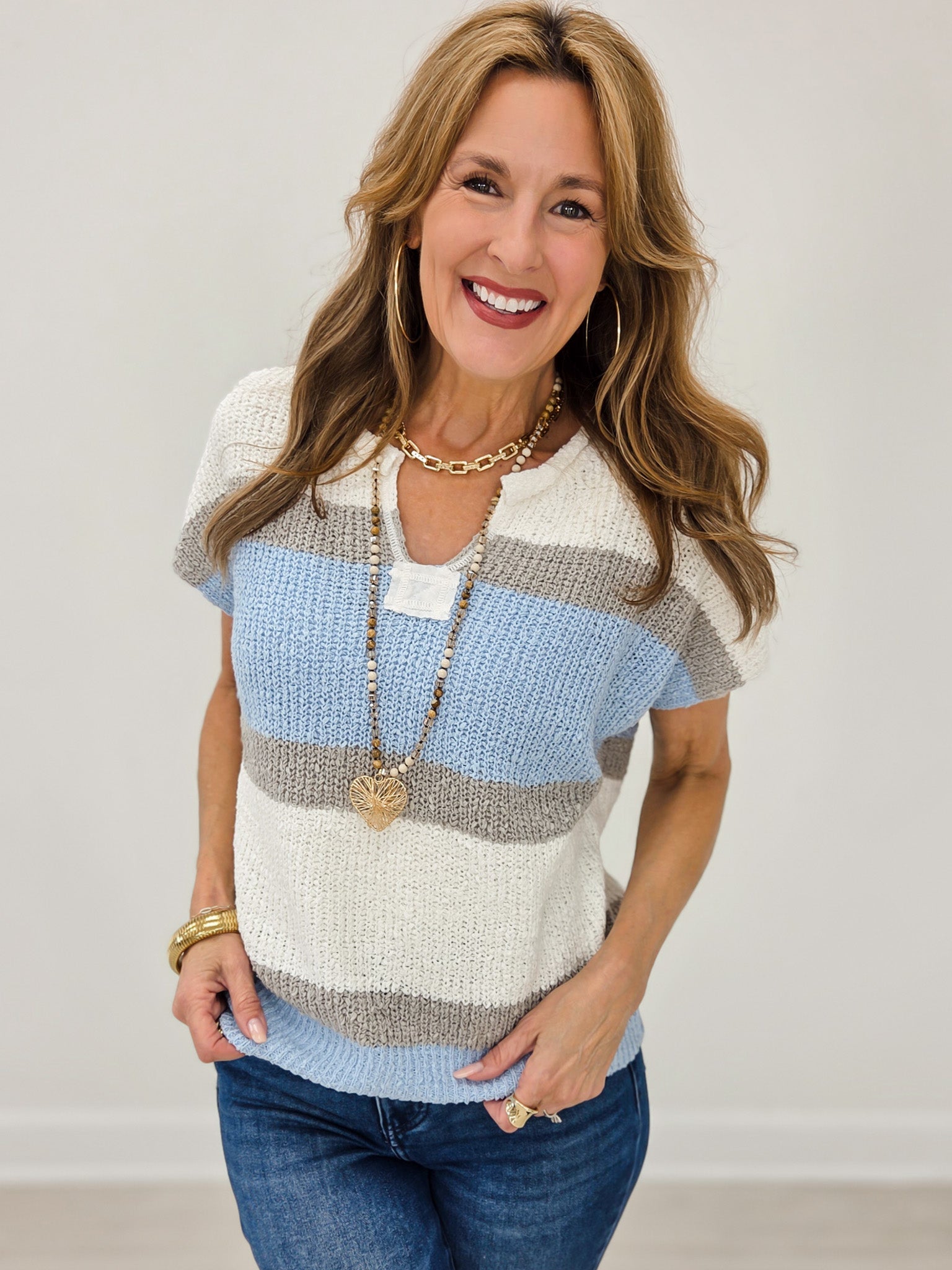 Low Gauge Color Block Sweater Top Denim