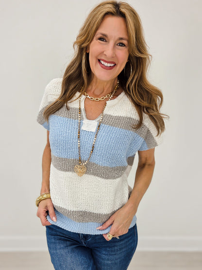 Low Gauge Color Block Sweater Top Denim