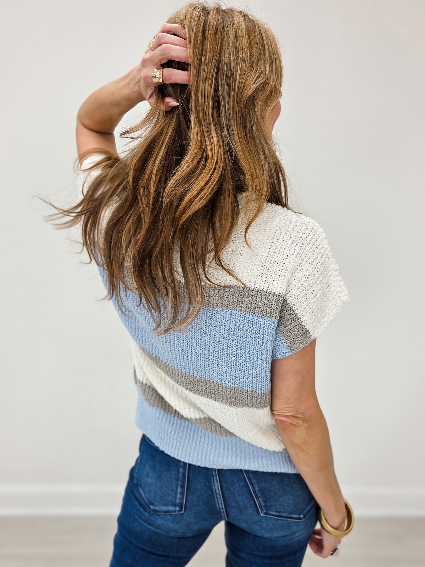 Low Gauge Color Block Sweater Top Denim