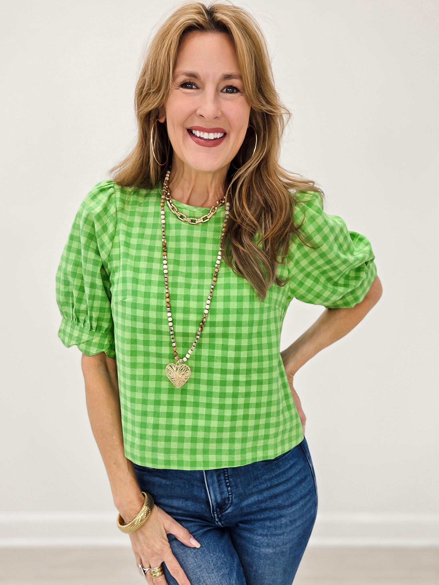 Plaid Scallop Detail Puff Sleeve Blouse