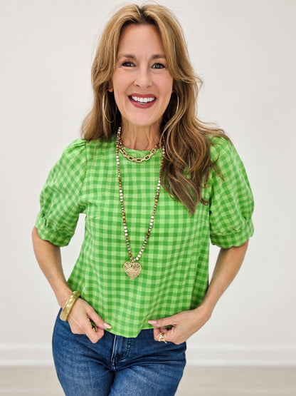 Plaid Scallop Detail Puff Sleeve Blouse