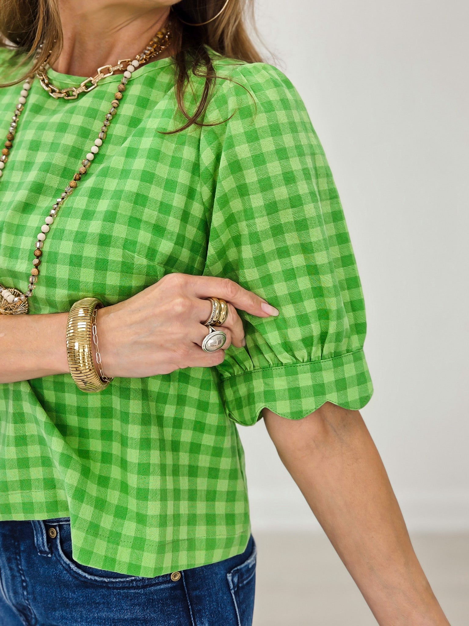 Plaid Scallop Detail Puff Sleeve Blouse