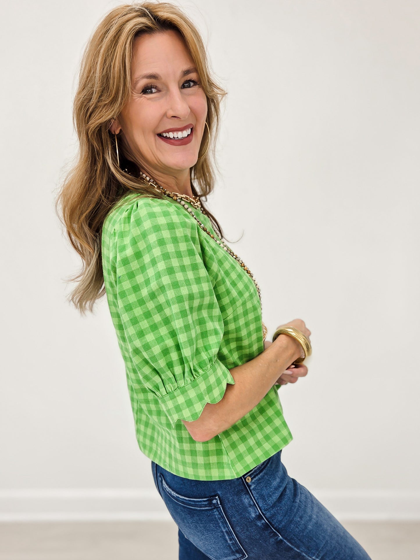 Plaid Scallop Detail Puff Sleeve Blouse