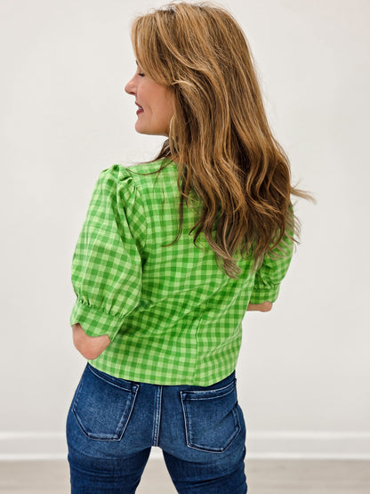 Plaid Scallop Detail Puff Sleeve Blouse