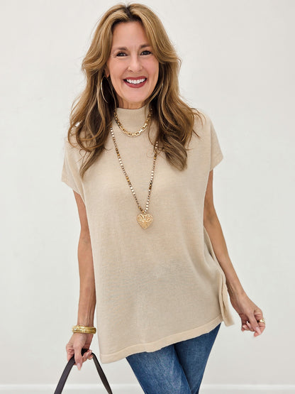 Soft Wool Blend Mock Neck Short Sleeve Sweater