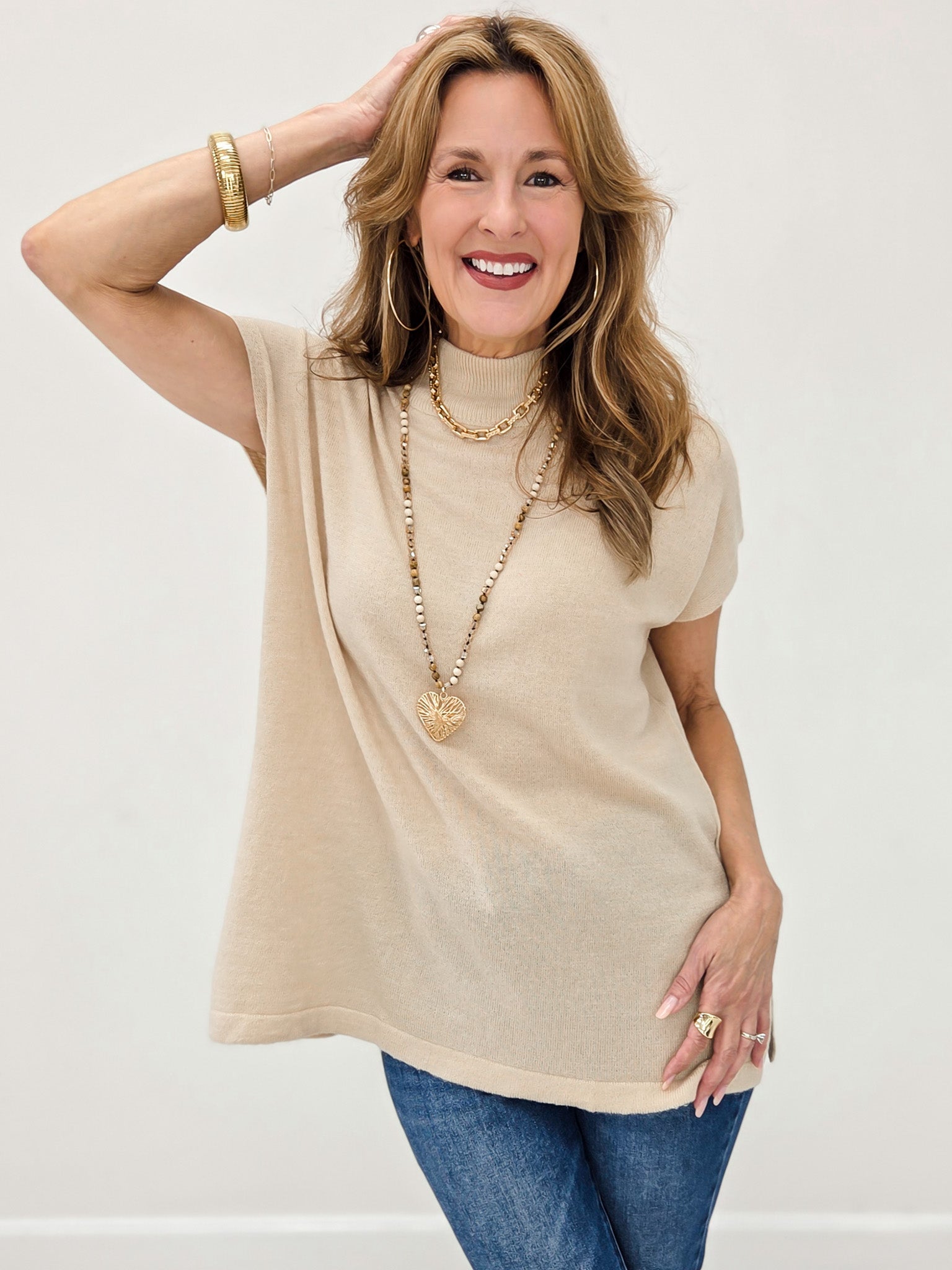 Soft Wool Blend Mock Neck Short Sleeve Sweater