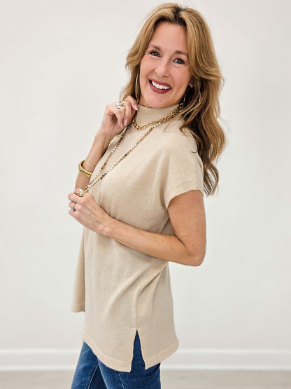 Soft Wool Blend Mock Neck Short Sleeve Sweater
