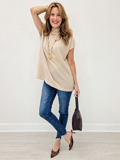 Soft Wool Blend Mock Neck Short Sleeve Sweater