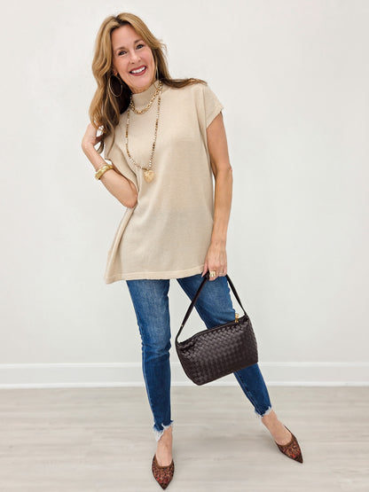 Soft Wool Blend Mock Neck Short Sleeve Sweater