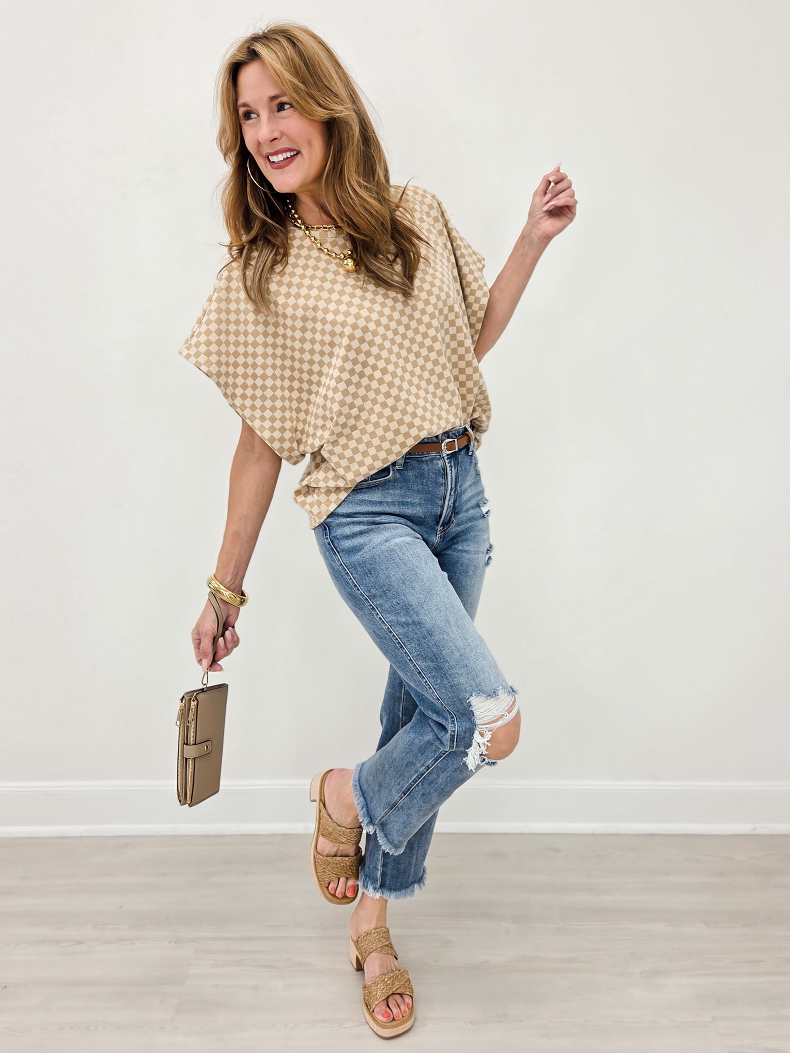 Checker Dolman Sleeve Knit Top