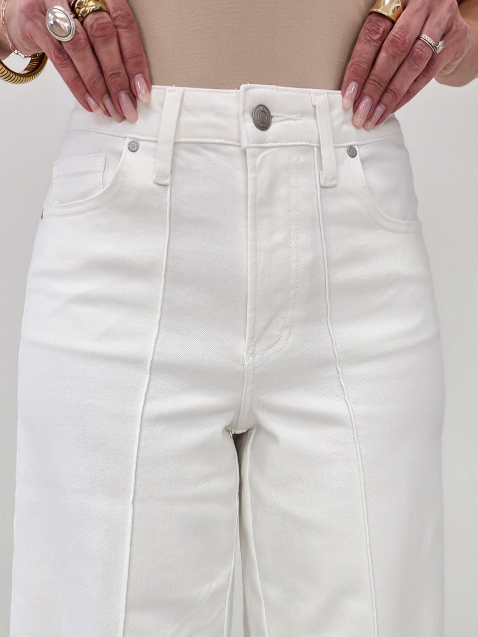 Stretch High Rise Pin Tuck Detail Wide Leg Jean