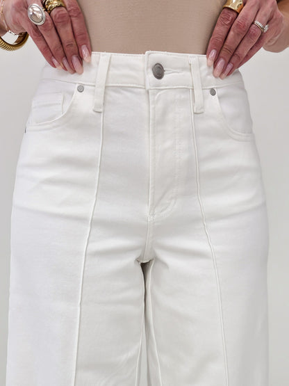 Stretch High Rise Pin Tuck Detail Wide Leg Jean