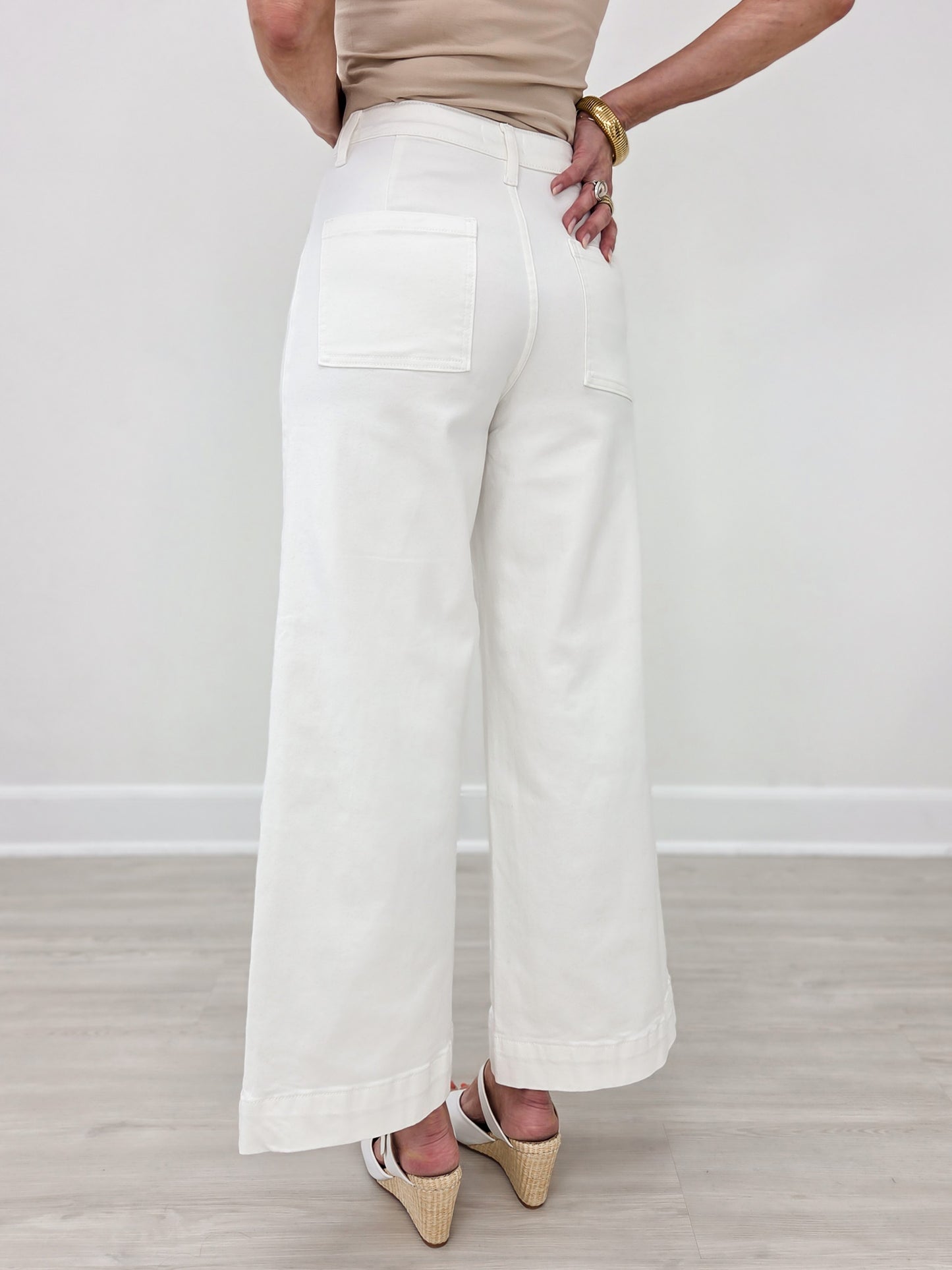 Stretch High Rise Pin Tuck Detail Wide Leg Jean