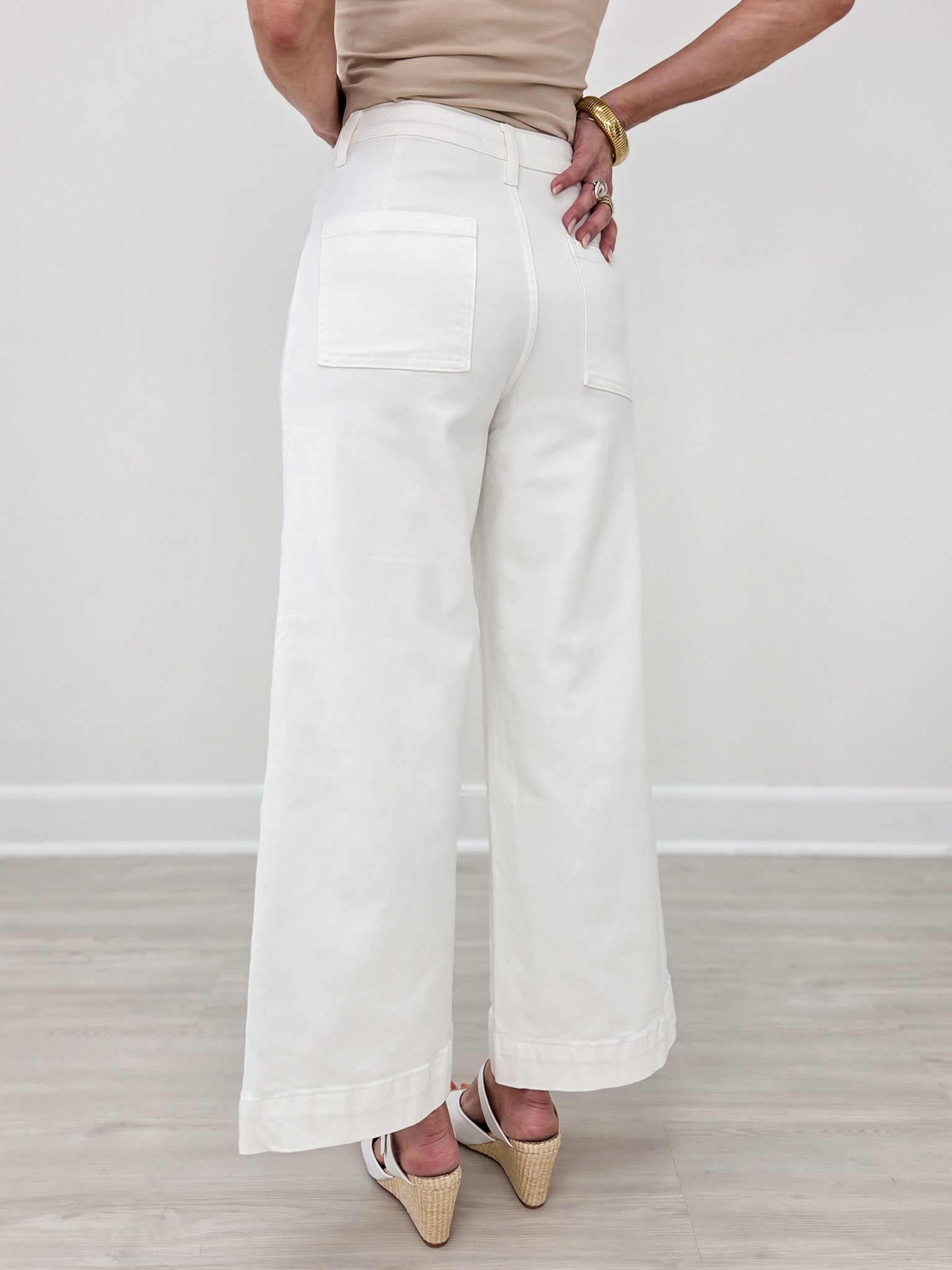 Stretch High Rise Pin Tuck Detail Wide Leg Jean