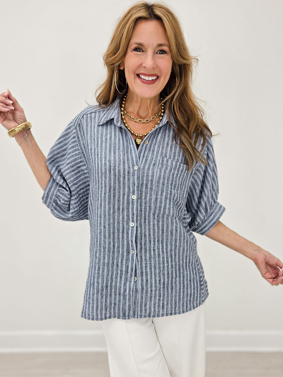 Navy Stripe Half Puff Sleeve Shirt Top