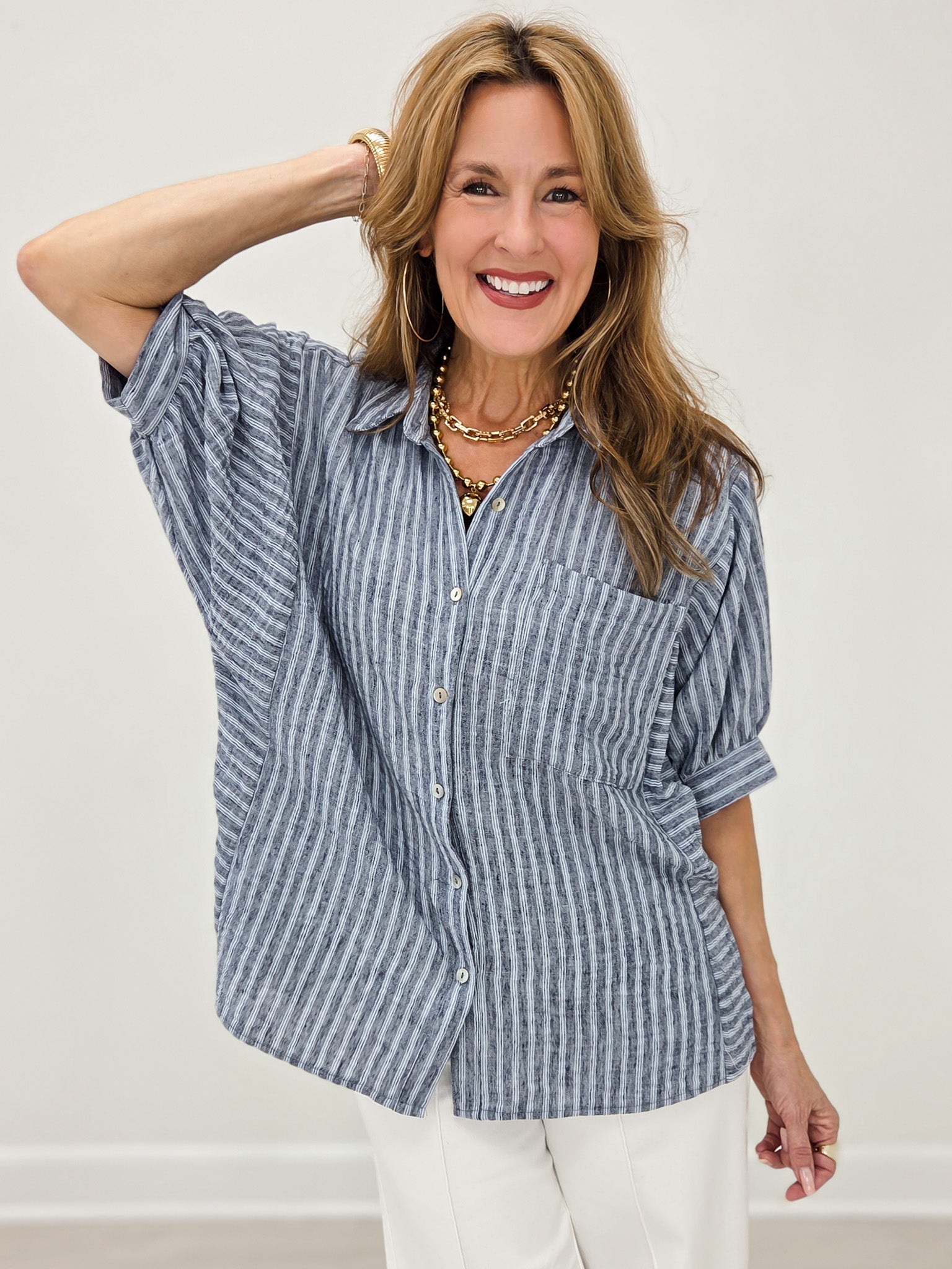 Navy Stripe Half Puff Sleeve Shirt Top