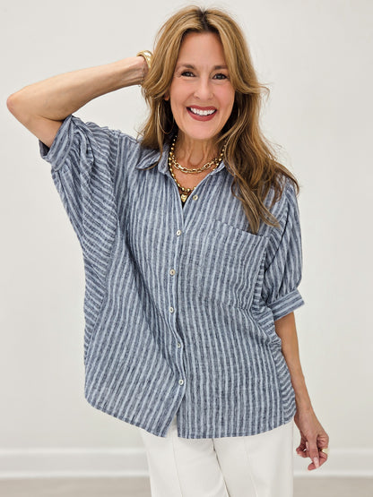 Navy Stripe Half Puff Sleeve Shirt Top