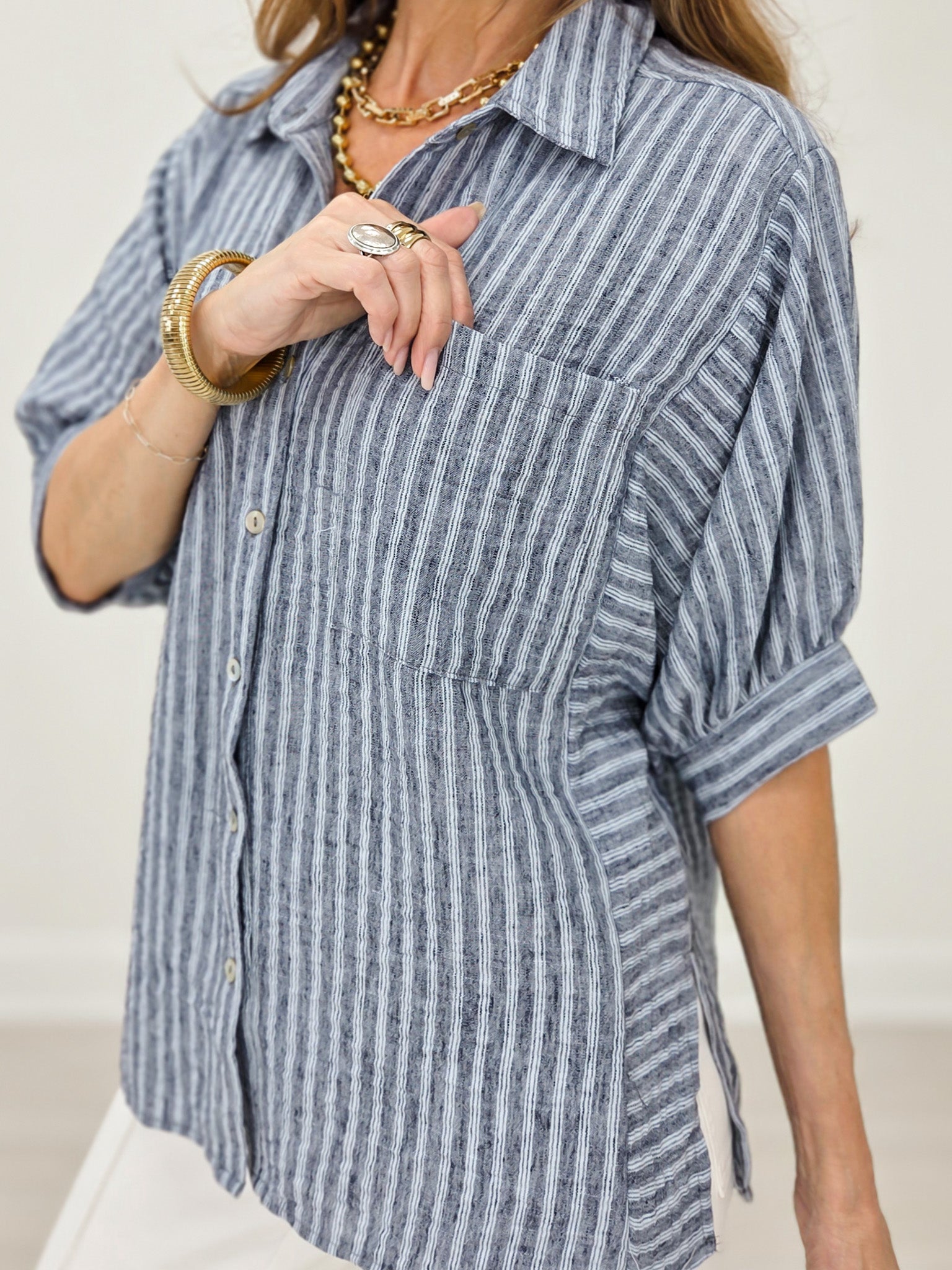 Navy Stripe Half Puff Sleeve Shirt Top