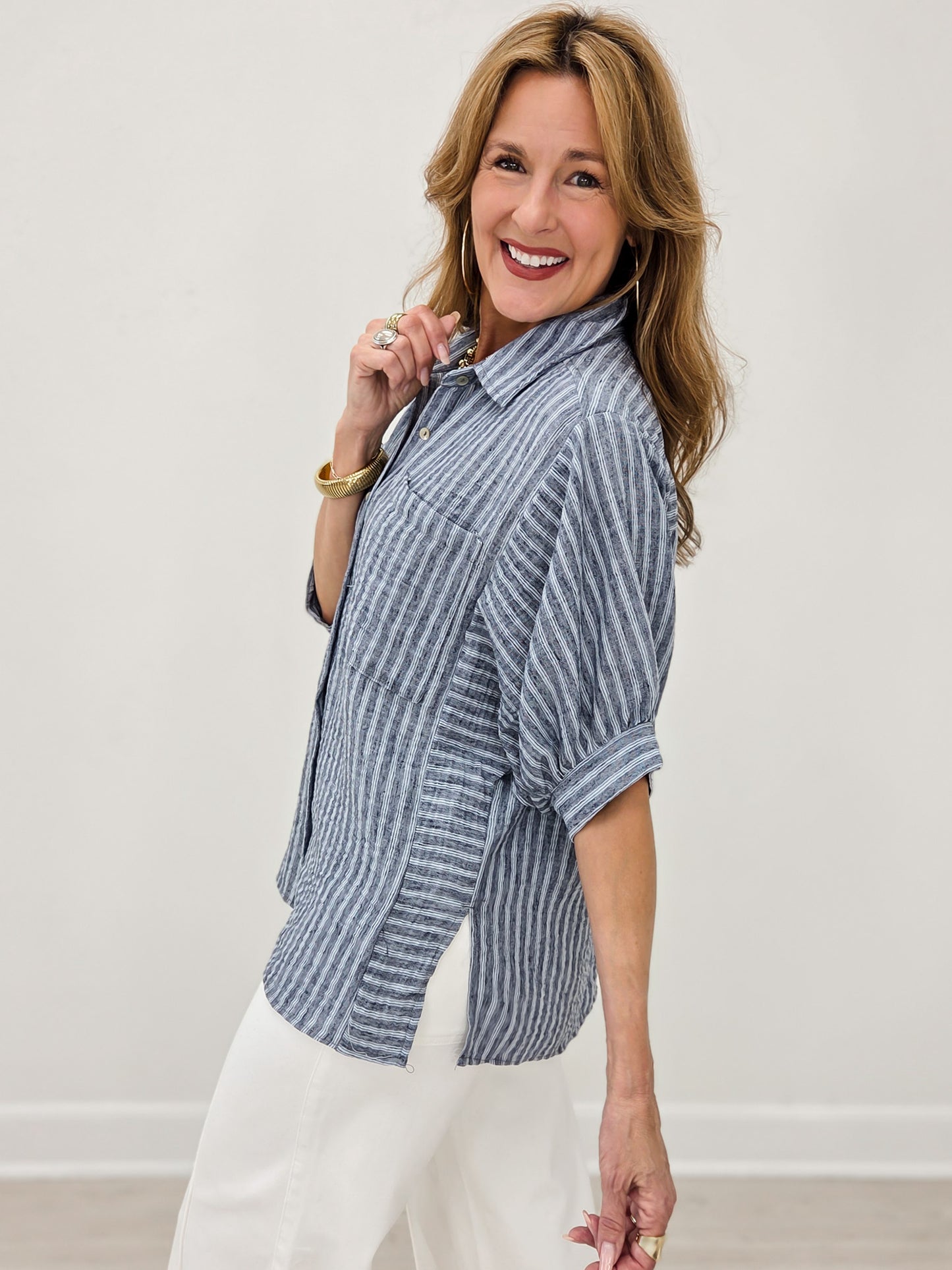 Navy Stripe Half Puff Sleeve Shirt Top