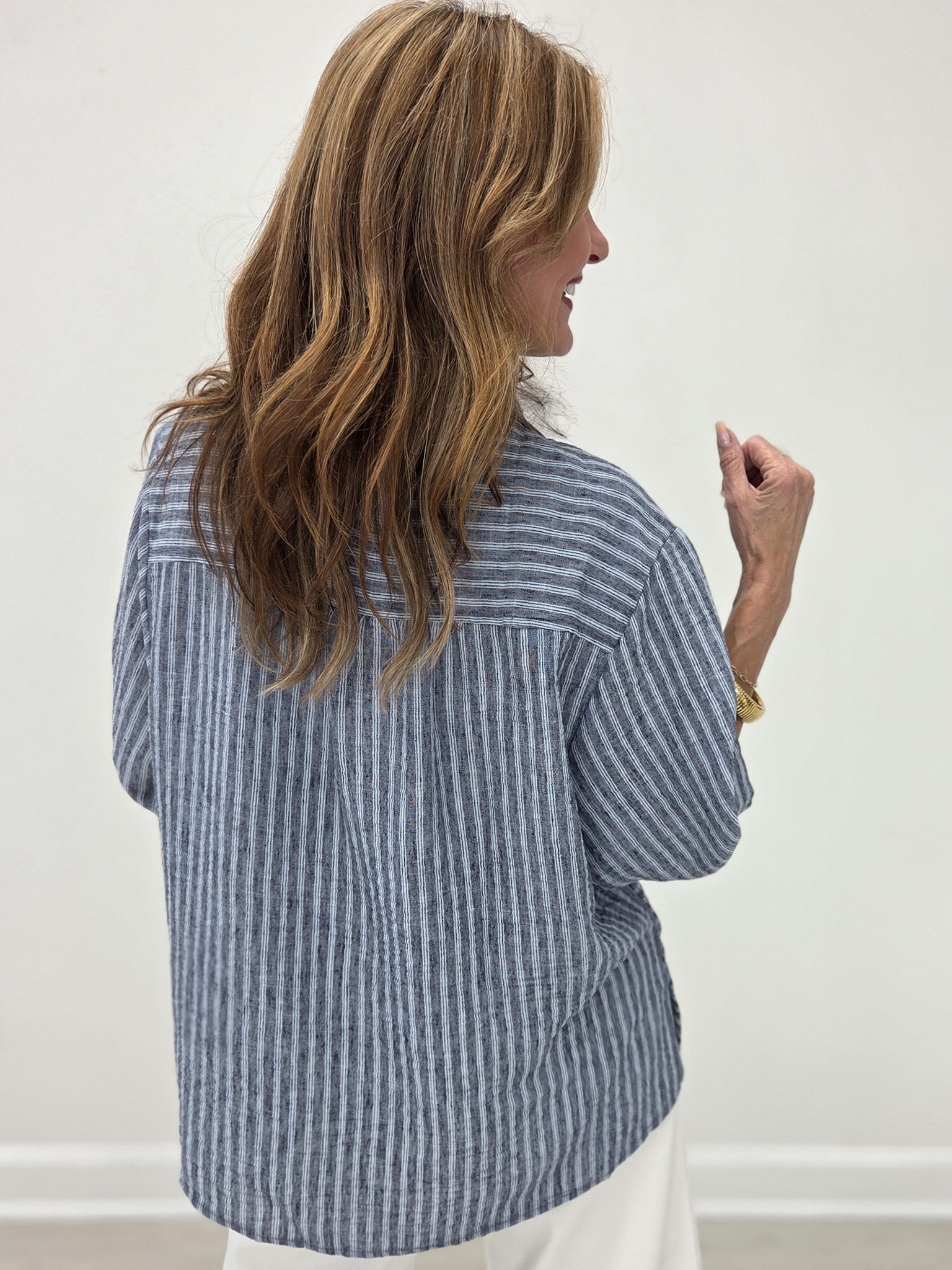 Navy Stripe Half Puff Sleeve Shirt Top