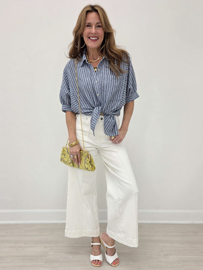 Stretch High Rise Pin Tuck Detail Wide Leg Jean