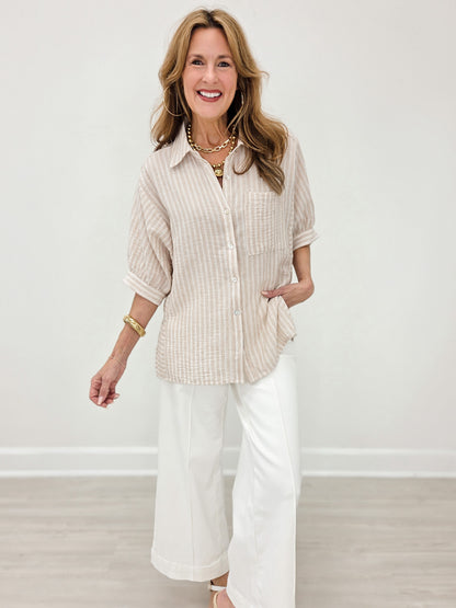 Taupe Stripe Half Puff Sleeve Shirt Top