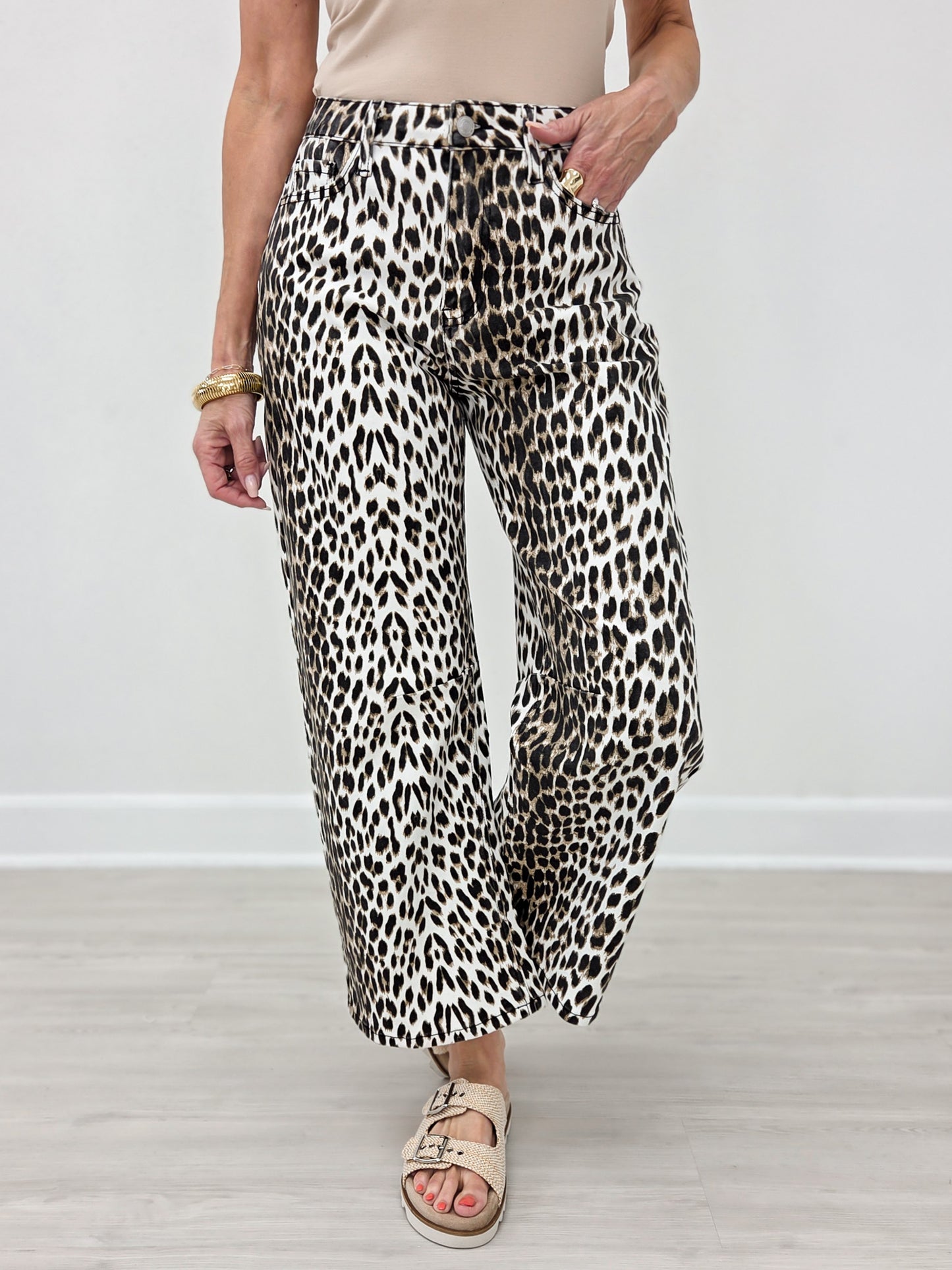 Stretch Leopard Animal Printed Barrel Leg Jean