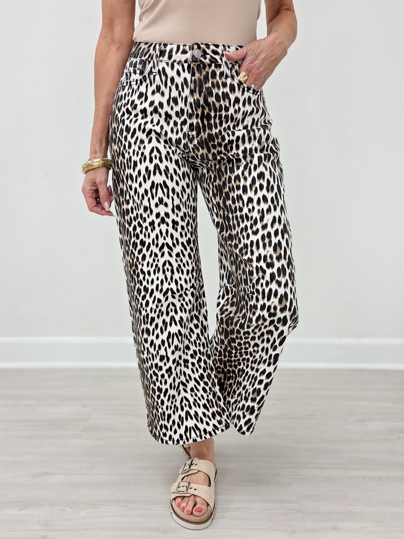 Stretch Leopard Animal Printed Barrel Leg Jean