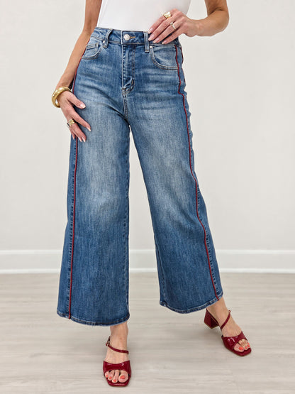 Medium Indigo Side Piping Wide Leg Crop Jeans