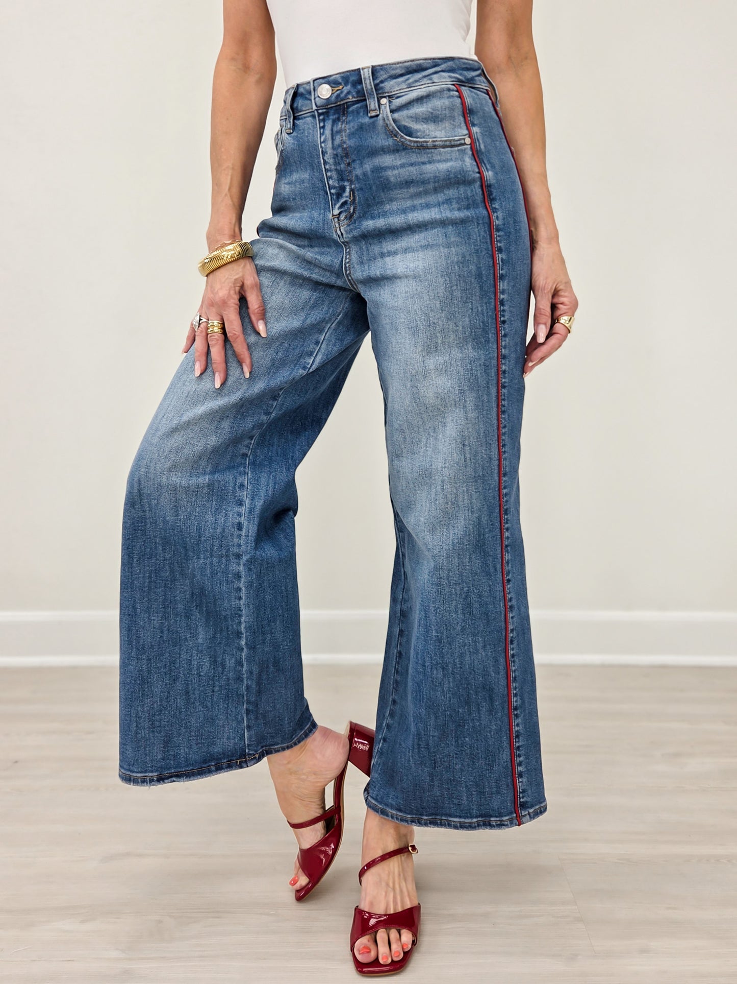 Medium Indigo Side Piping Wide Leg Crop Jeans
