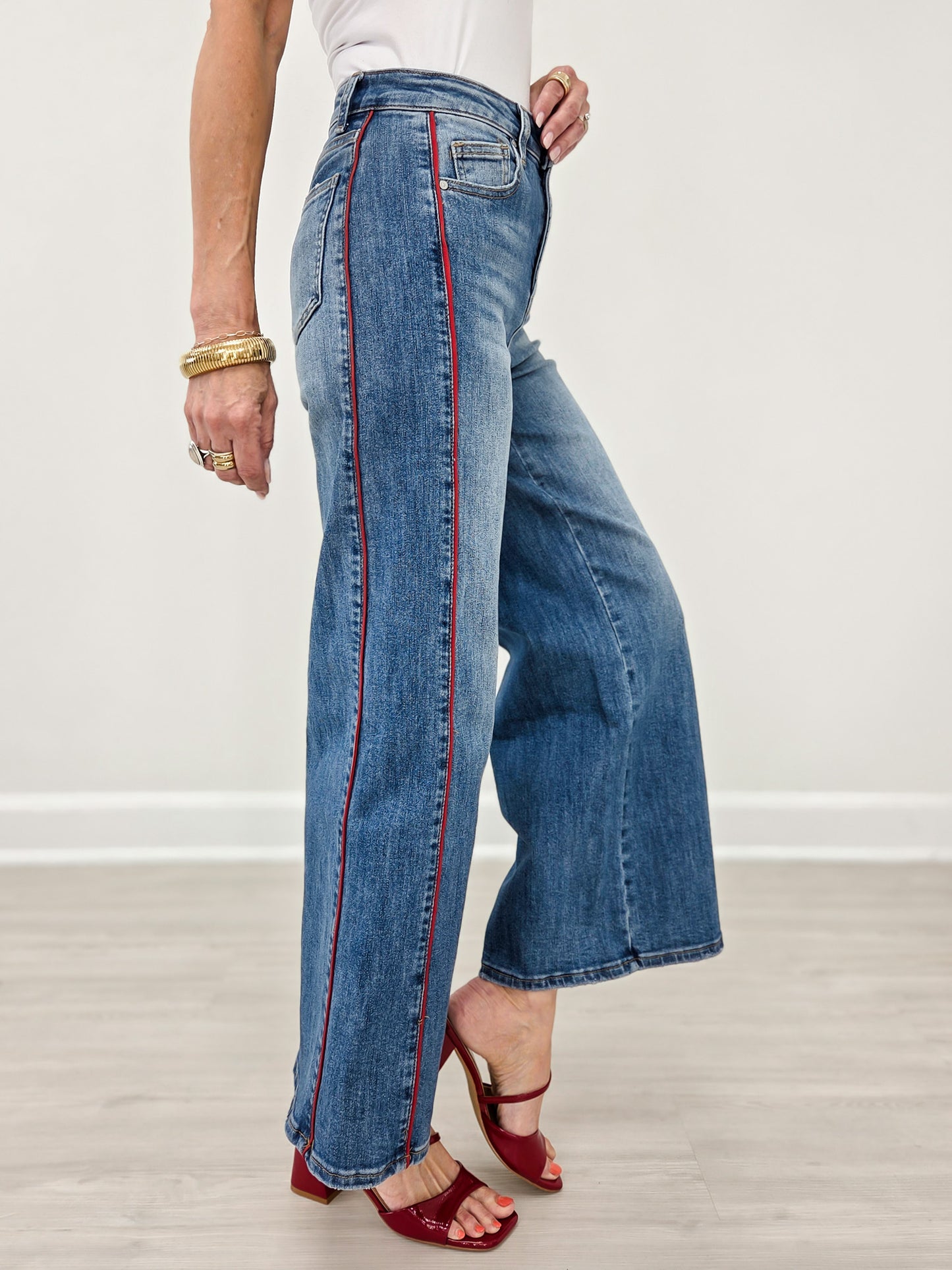 Medium Indigo Side Piping Wide Leg Crop Jeans