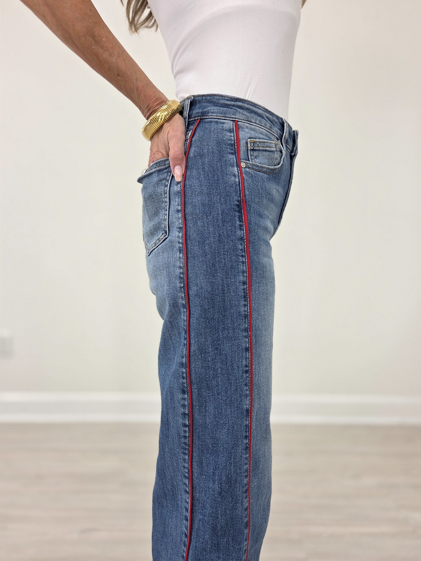 Medium Indigo Side Piping Wide Leg Crop Jeans