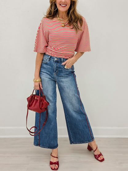 Medium Indigo Side Piping Wide Leg Crop Jeans