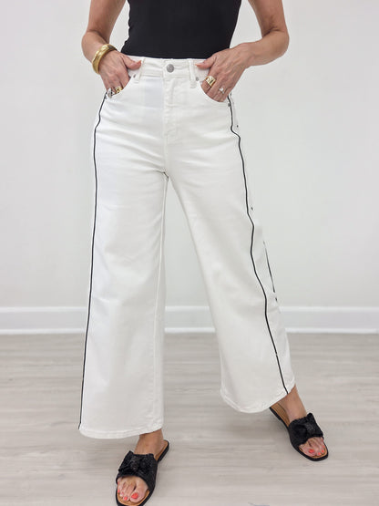 Side Piping Wide Leg Crop White Jeans