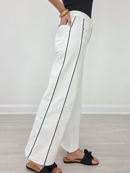 Side Piping Wide Leg Crop White Jeans